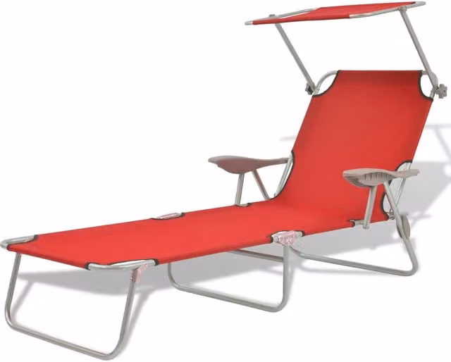 Berkfield Home Red Sun Lounger with Canopy and Adjustable Headrest in Powder Coated Steel and Textilene