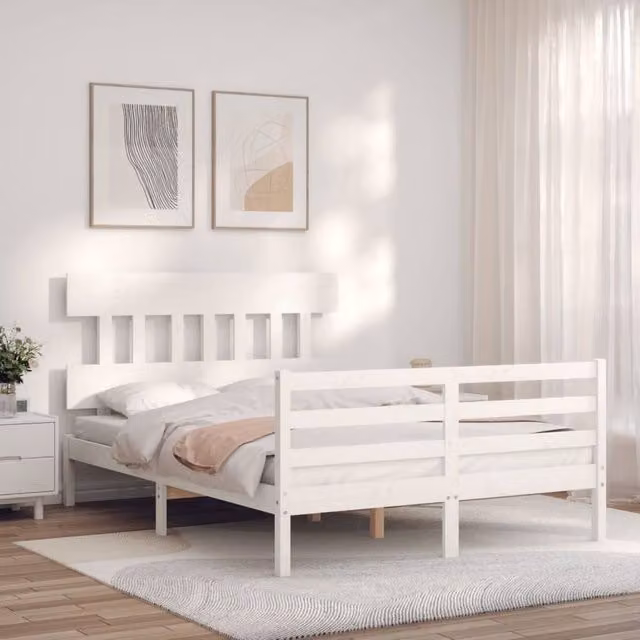 Berkfield Home Beautiful Small Double Bed Frame with Headboard in White Solid Pine Wood, W/D/H: 120 x 200 cm