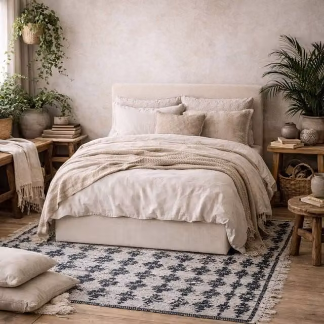 Wyld Haus Portarlington Upholstered Double Bed in Beige Fabric with Headboard, W/D/H: 140 x 200 x 91 cm