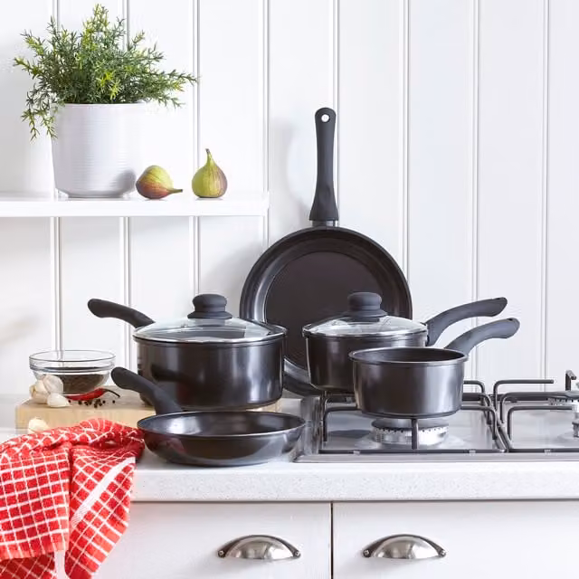 Cermalon 5 Piece Non-Stick Carbon Steel Cookware Set with Glass Lids, Black