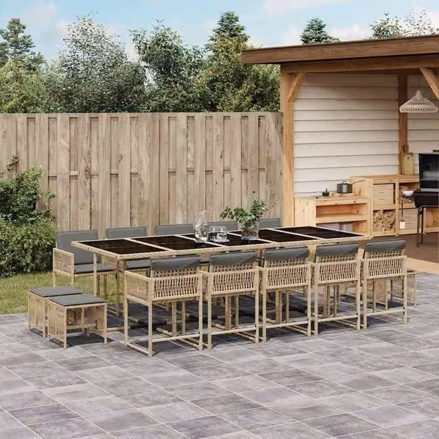 Berkfield Home 15 Piece Garden Dining Set with Beige Poly Rattan Cushions