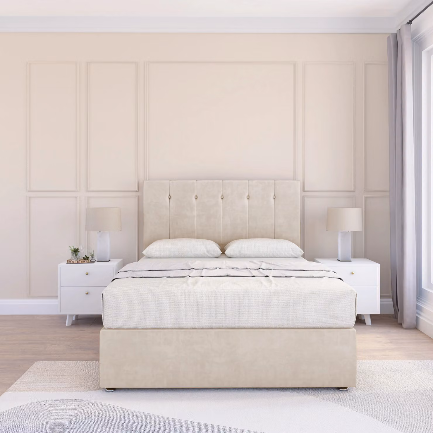 Sloomy Highbury Super King Divan Bed Base and Floor Standing Headboard in Cream Fabric, W/D/H: 200 x 200 cm