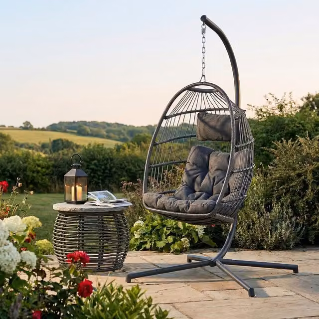 Home Garden Direct Chara Egg Hanging Chair with Stand in Black and Grey
