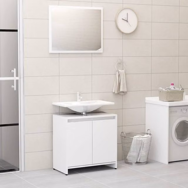 Berkfield Home Modern 4 Piece White Bathroom Furniture Set including Mirror Cabinet, Wall Cabinet, Tall Cabinet and Vanity Unit