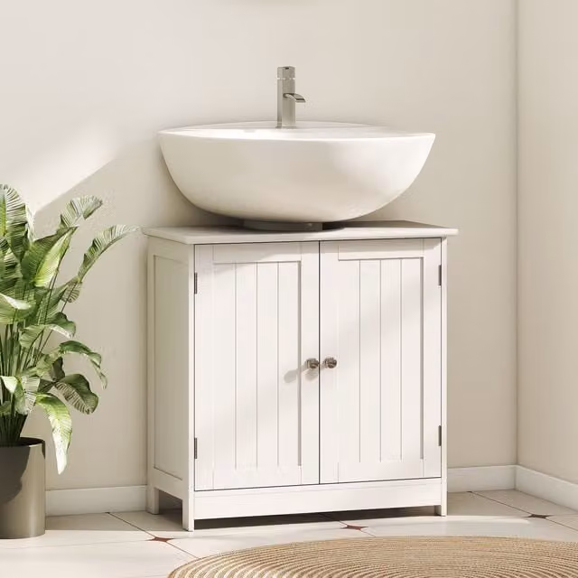 HOMCOM White Freestanding Bathroom Storage Cabinet with Internal Shelves and Hinged Doors