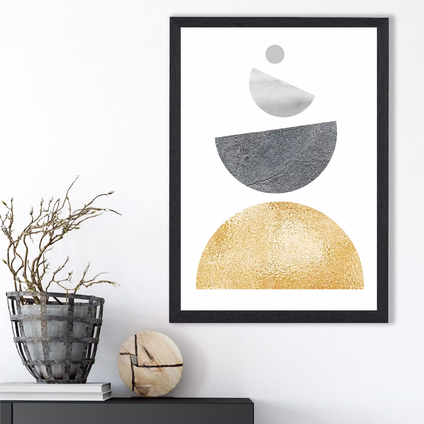 ARTZE Mid Century Geometric Framed Print, Grey and Yellow Semi Circles Abstract Graphic Poster with Black Frame, A4 – 2