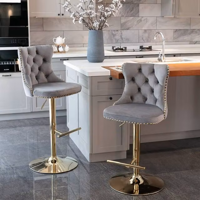 Modern Home Touch Set of 2 Grey Velvet Adjustable Swivel Bar Stools with Gold Metal Base – 1