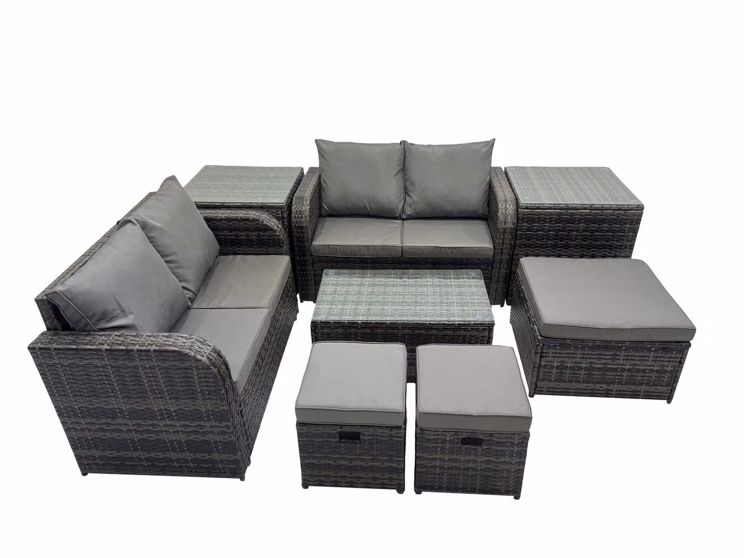 Fimous Modern Rattan Garden Furniture Set in Dark Grey with 2-Seater Sofa, Coffee Table and Ottoman – 2
