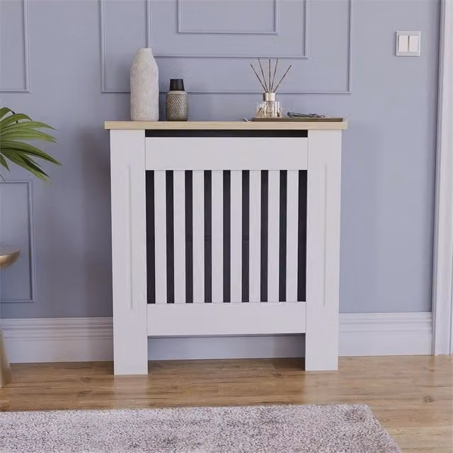 FORGEVIO Modern White Wood Grill Cabinet with Hinged Doors and Internal Shelves