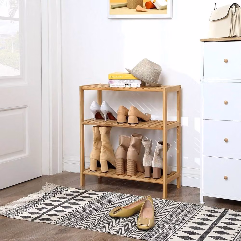 KORVIXA 3-Tier Natural Bamboo Shoe Rack and Storage Shelf, Brown, W/D/H: 100 x 100 x 8 cm – 3