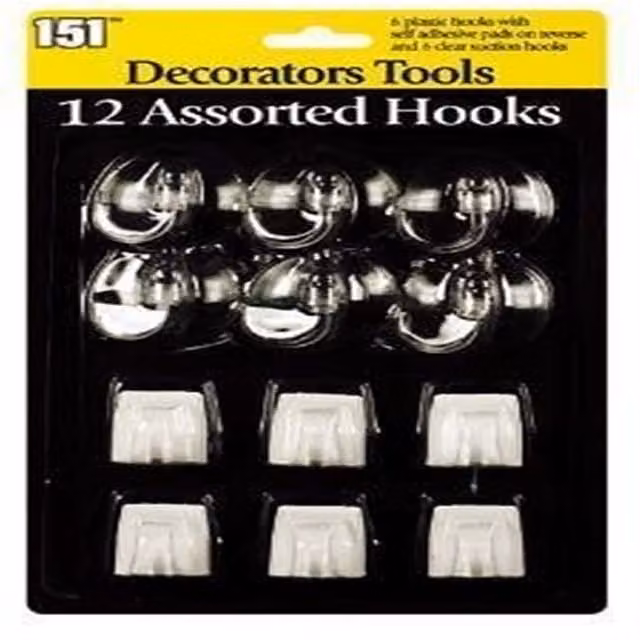 12 Assorted Plastic Hooks Including 6 Suction and 6 Self-Adhesive Hooks in Multicolour, White and Transparent