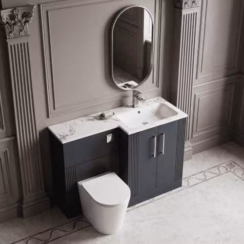 Balterley Belvide Retro Partially Fluted 2 Door Freestanding Vanity Unit with Carrera Stone Basin, Satin Dark Grey, W: 110 cm, D: 39 cm, H: 85.8 cm – 5