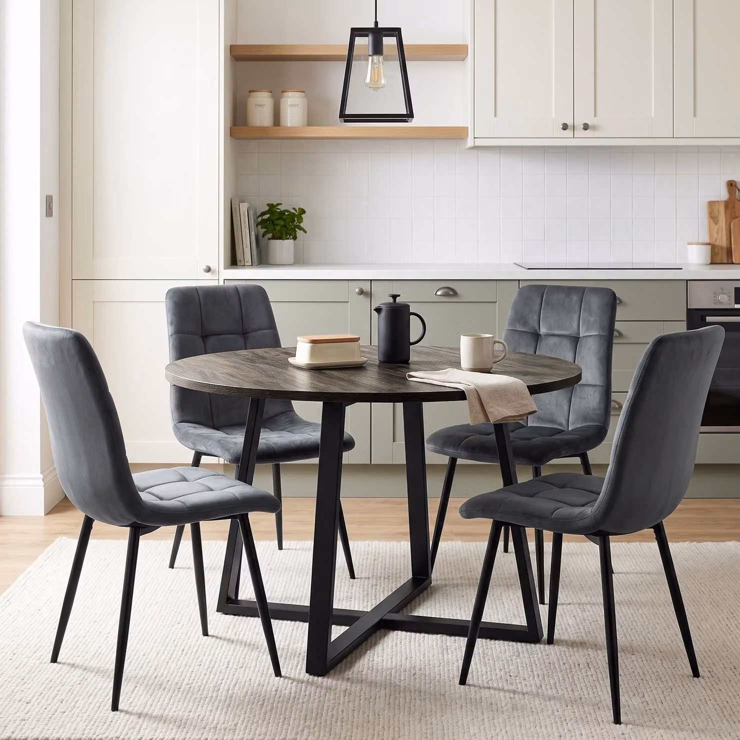 DHS Modern Round Dining Table Set with 4 Chairs in Grey and Black, Diameter: 110 cm, Height: 75 cm