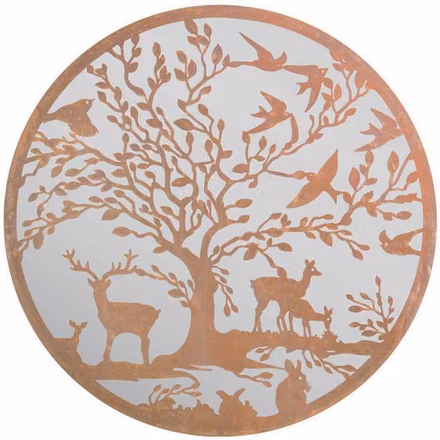MirrorOutlet Round Garden Wall Mirror with Stag and Deer Tree Design, Brown, Diameter: 100 cm