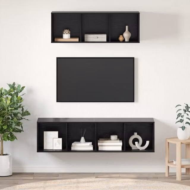 Berkfield Home 2-Piece Wall-Mounted TV Cabinet Set with Shelves, Black Oak, W/D/H: 37 x 37 x 142.5 cm