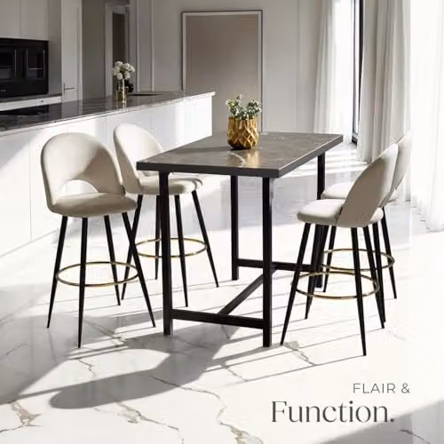 tectake Set of 4 Modern Bar Stools with Velvet-Look Fabric and Metal Legs in Black and Gold – 2