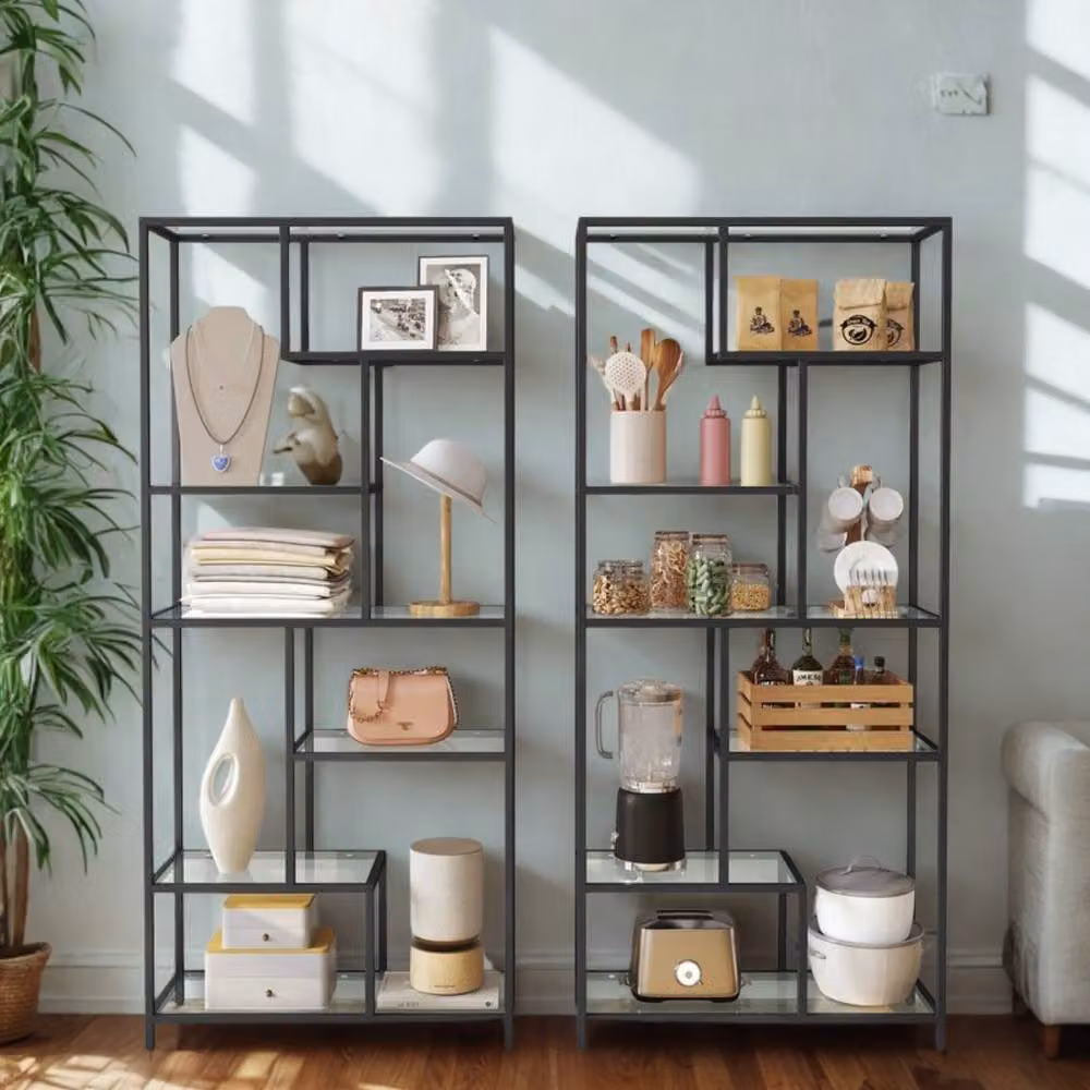 Pirlo Plush 6 Tier Tempered Glass and Metal Shelving Unit in Black, W/D/H: 30 x 30 x 180 cm – 2