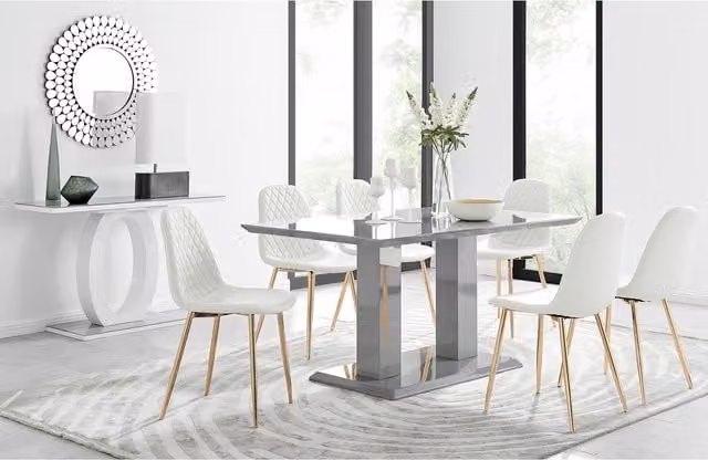 FurnitureboxUK Imperia Grey Glass Dining Table and 6 Corona Gold Leg Chairs in White