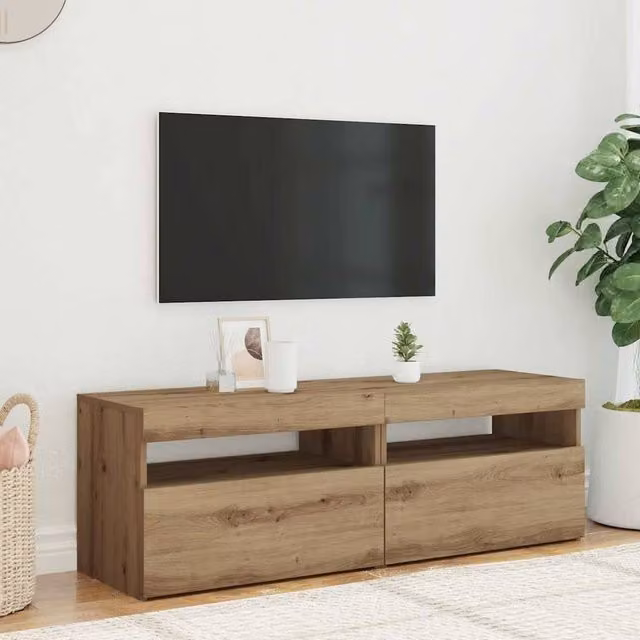 Berkfield Home Set of 2 Artisan Oak TV Cabinets with LED Lights in Light Tan
