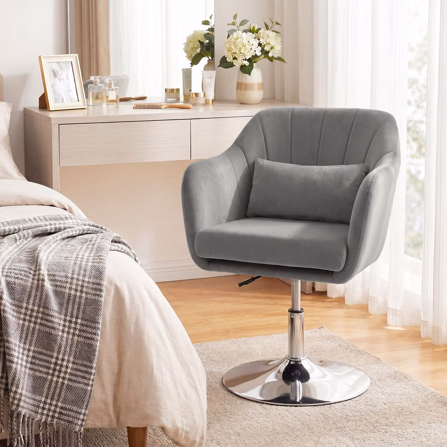 HOMCOM Retro Grey Velvet Swivel Tub Chair with Metal Frame and Armrests – 2