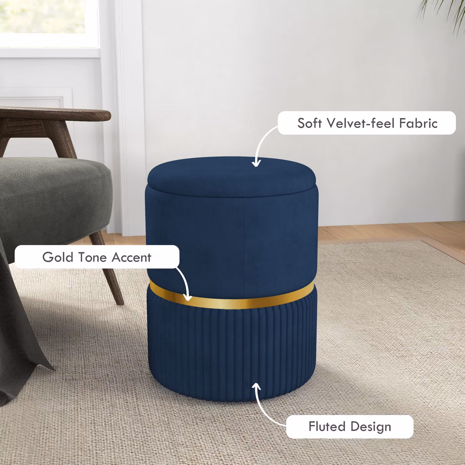 HOMCOM Round Velvet Storage Ottoman Stool in Blue with Gold Accents – 5