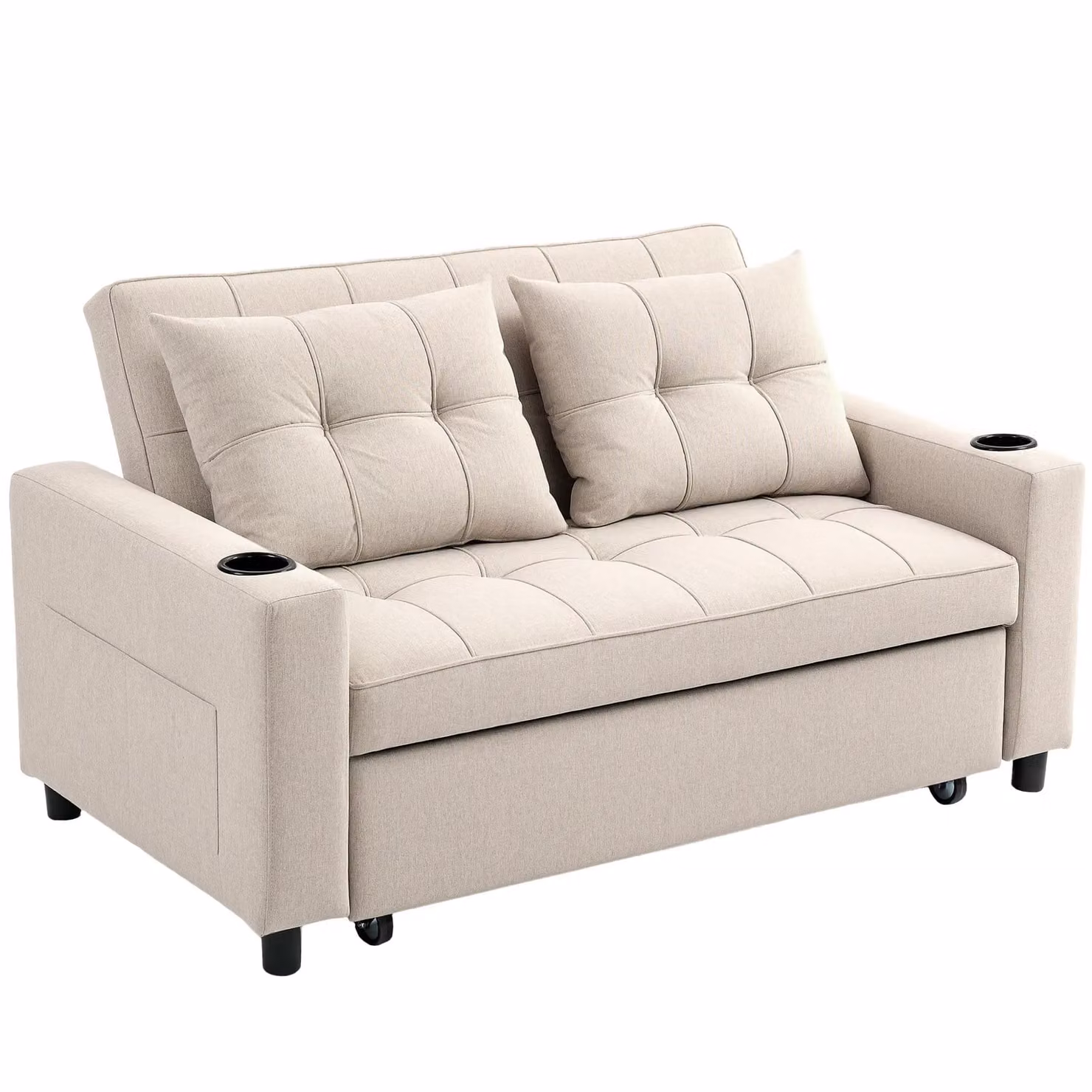 HOMCOM 2 Seater Pull Out Sofa Bed with Adjustable Headrest and Scatter Cushions, Beige Fabric – 2