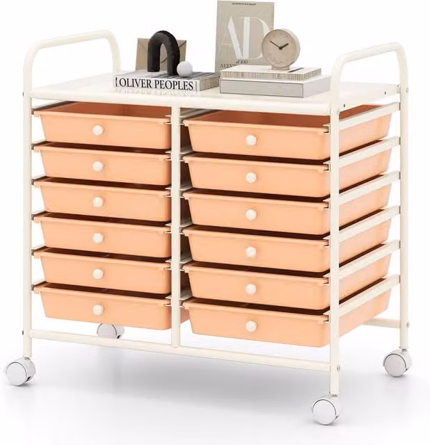 Gymax 12-Drawer Multi-Purpose Utility Storage Rolling Cart with Handles in Peach