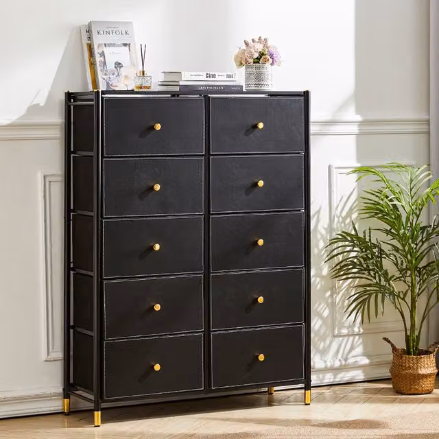 Livinandhome Modern Steel-Frame Cabinet with Fabric Drawers in Black and Gold
