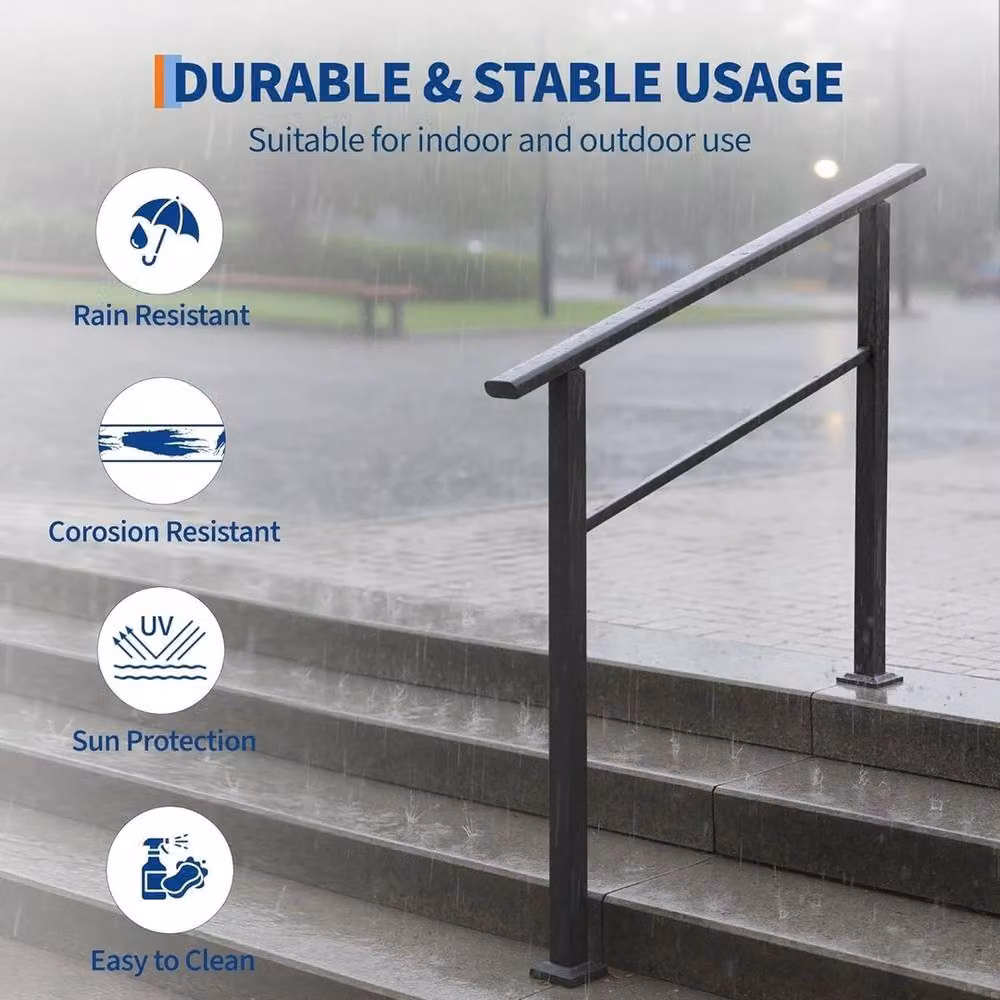 VOGREX Black Non-Slip Outdoor Stair Handrail Kit with 4 Steps, Aluminium and Iron Construction – 3