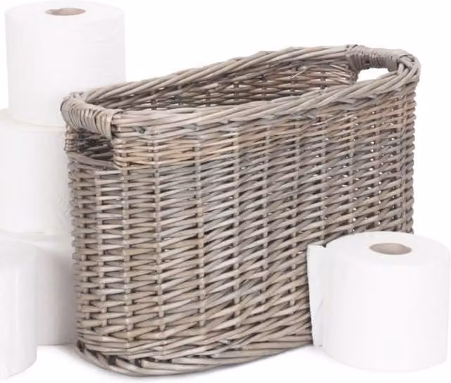 Red Hamper Oval Wicker Toilet Roll Storage Basket in Brown and Grey with Wood Details, W/D/H: 40.0 x 25.0 x 18.0 cm