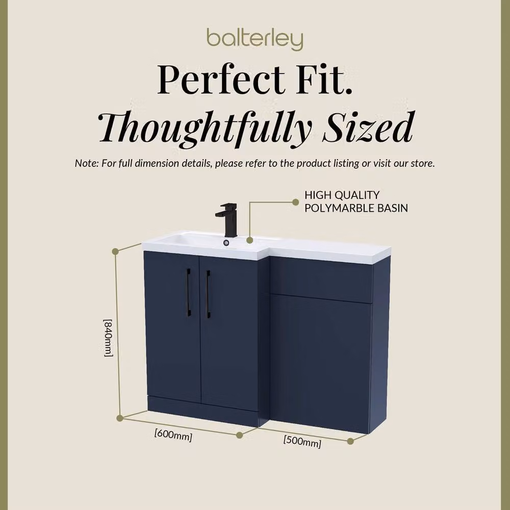 Balterley Modern Matt Blue Freestanding Left-Hand Vanity and WC Unit Combination, W: 110 cm, H: 84 cm – 4