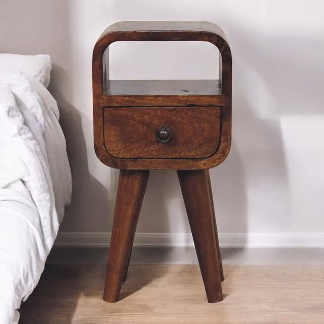 Artisan Furniture Mango Wood Extra Mini Chestnut Curve Open Slot Bedside Table in Brown