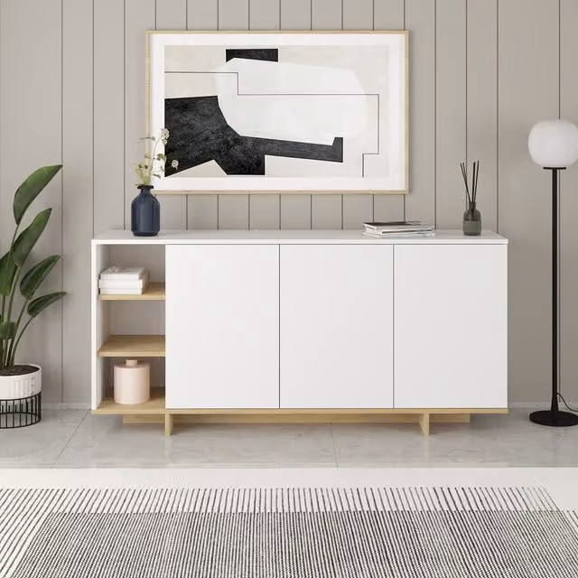 Decortie Modern White MDF Sideboard Storage Cabinet Unit with Open Shelves
