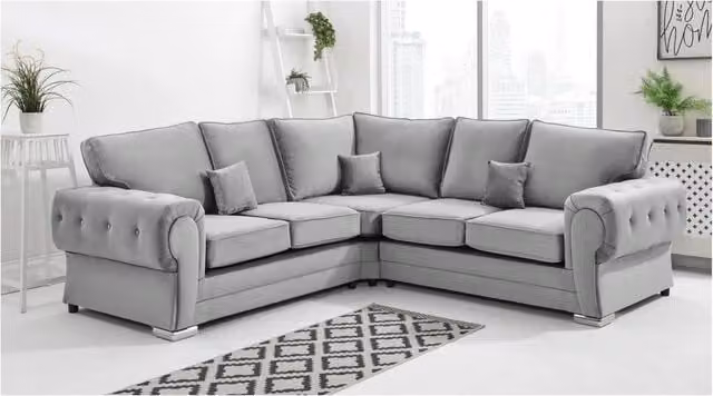 Furniture786ltd VERONA Grey L-Shape Corner Sofa in Plush Velvet Fabric with Scatter Cushions, W: 242 cm, D: 174 cm, H: 90 cm