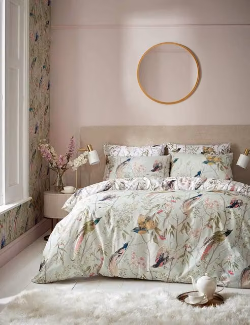 Graham & Brown Clavering Birds Pure Cotton Sateen Bedding Set, Light Green, W: 140 cm, L: 200 cm