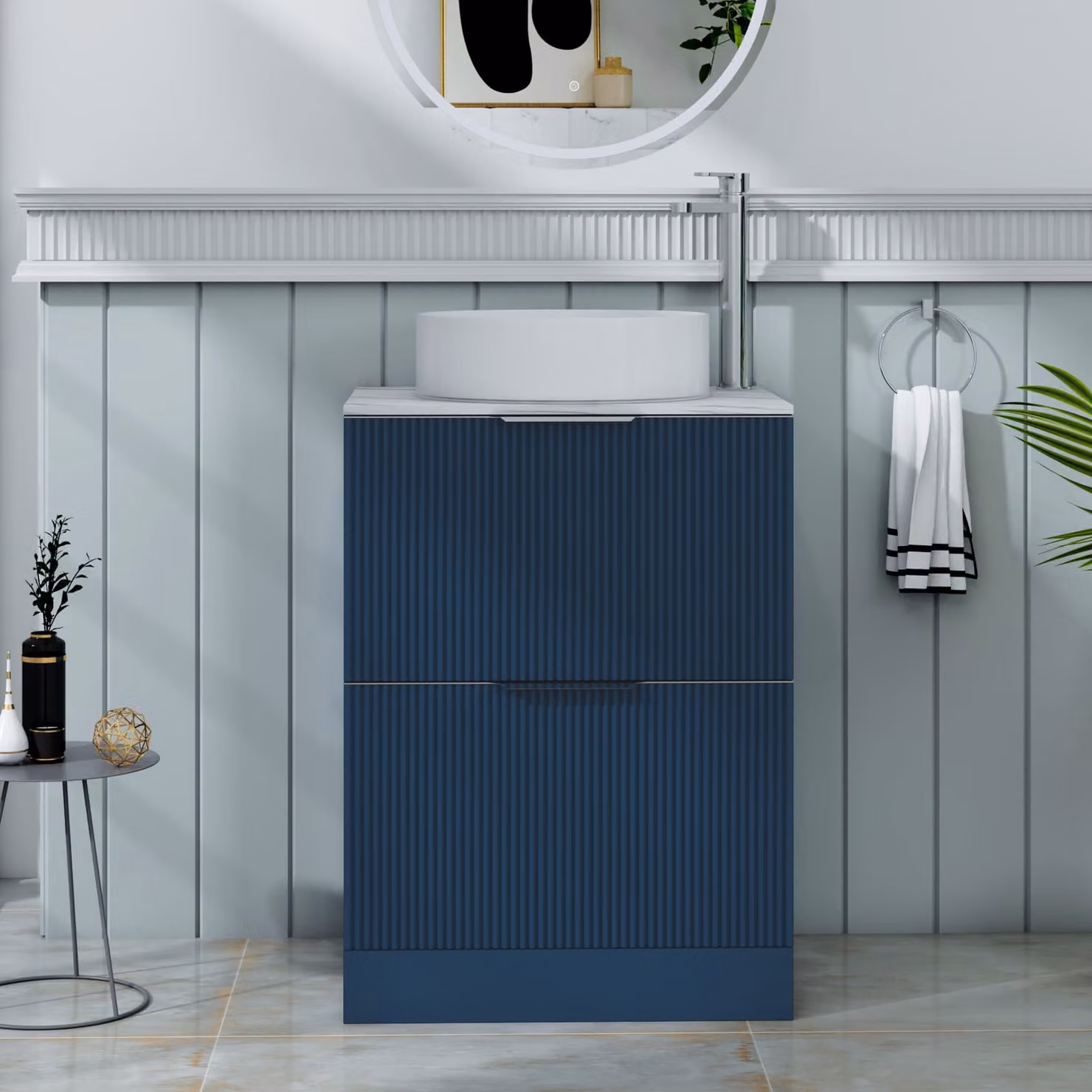 Royal Bathrooms Evora Midnight Blue Fluted Floor Standing Countertop Vanity Unit with 2 Drawers and Art Basin, Width: 60 cm