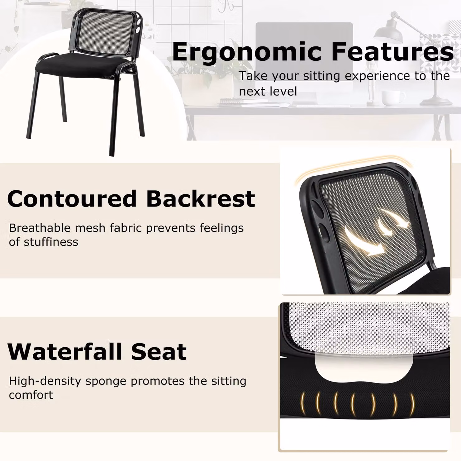 Costway Set of 5 Stackable Black Fabric Reception Guest Chairs with Metal Frame – 4