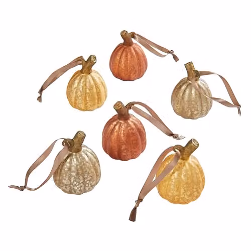Lights4fun Set of 6 Mottled Mercury Glass Mini Pumpkin Hanging Tree Decorations in Orange, Yellow, White and Gold – 2