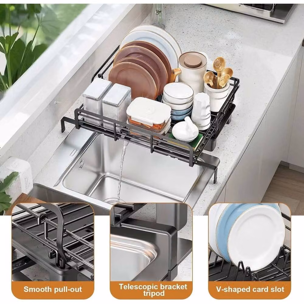 VOGREX Black Retractable Carbon Steel Dish Drainer Rack with Removable Drip Tray – 4