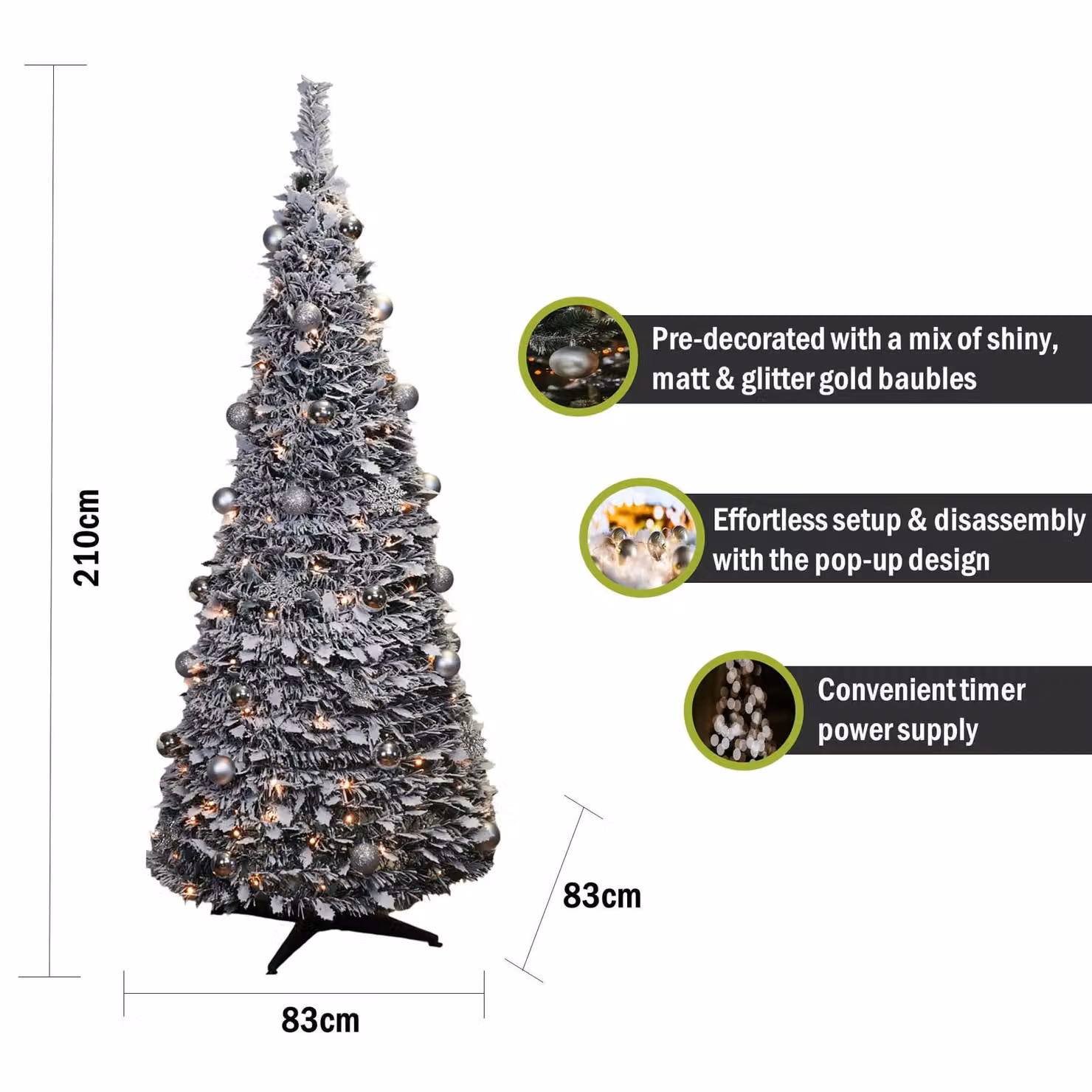 Pegdev Christmas Pop Up Pre Decorated Tree with 200 LEDs, Frosted Leaves and Silver Baubles, Green, Height: 2.1 m – 2