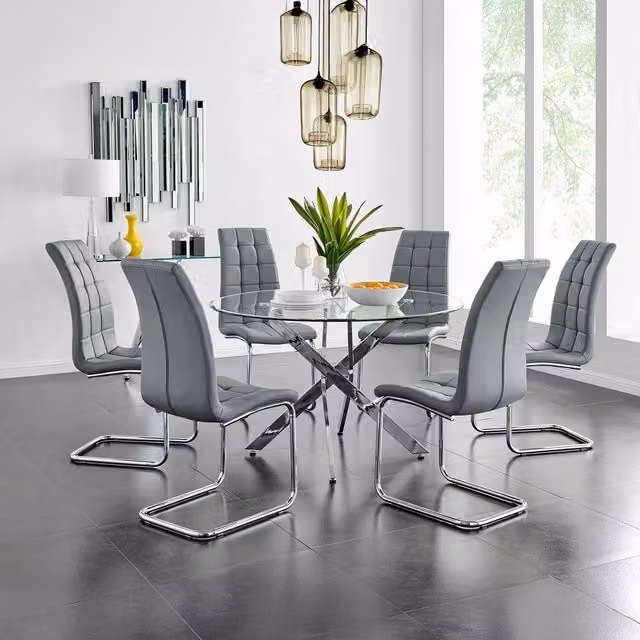 FurnitureboxUK Novara Round Glass Dining Table and 6 Murmur Chairs Set in Grey with Chrome Metal X-Frame Base, Diameter: 120 cm