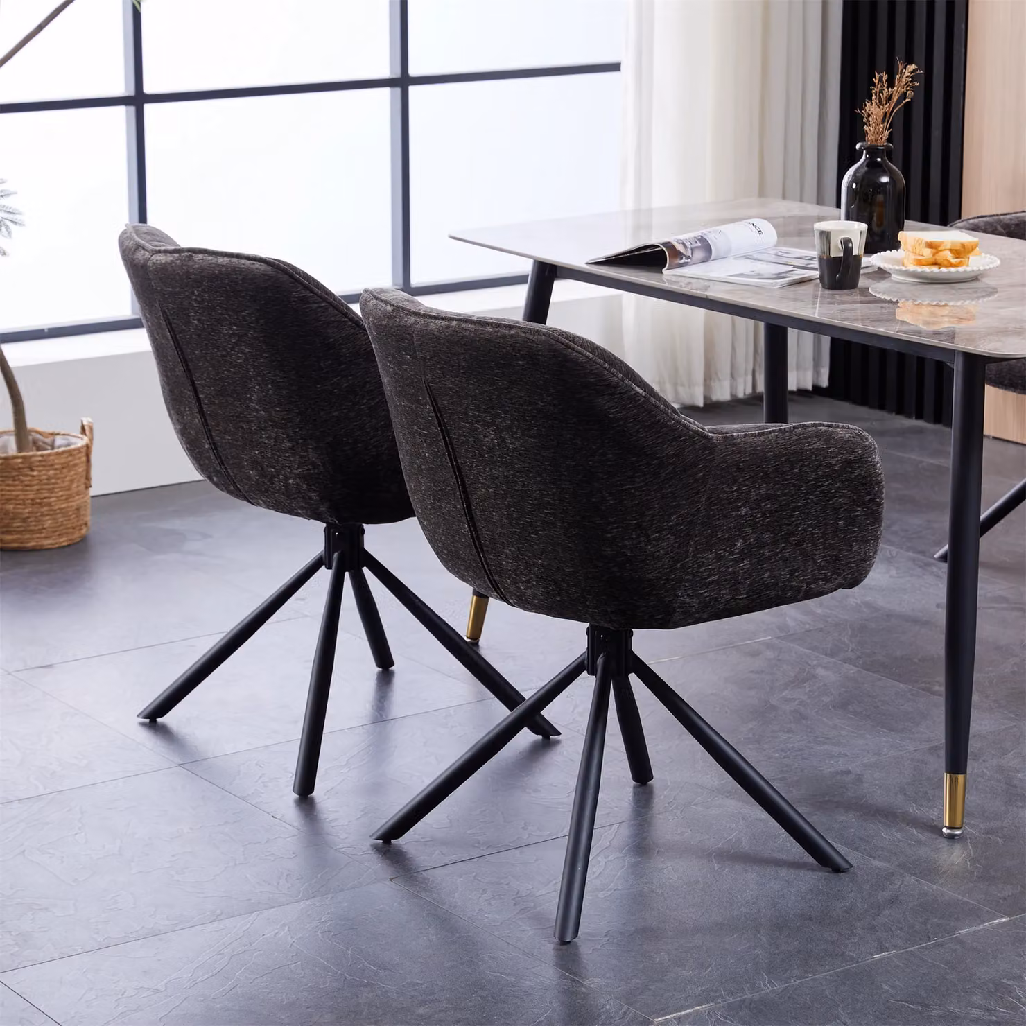 FURNITURE ONE Set of 2 Grey Fabric Padded Swivel Dining and Task Chairs with Metal Frame – 2