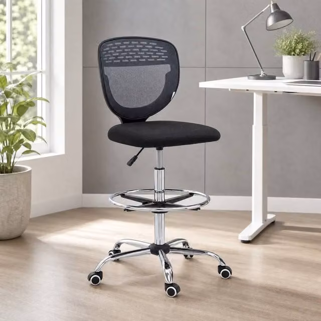 STILVORA Grey Fabric Draughtsman Chair with Adjustable Foot Ring and 360 Degree Swivel, H 88 x W 68 x D 45 cm – 1