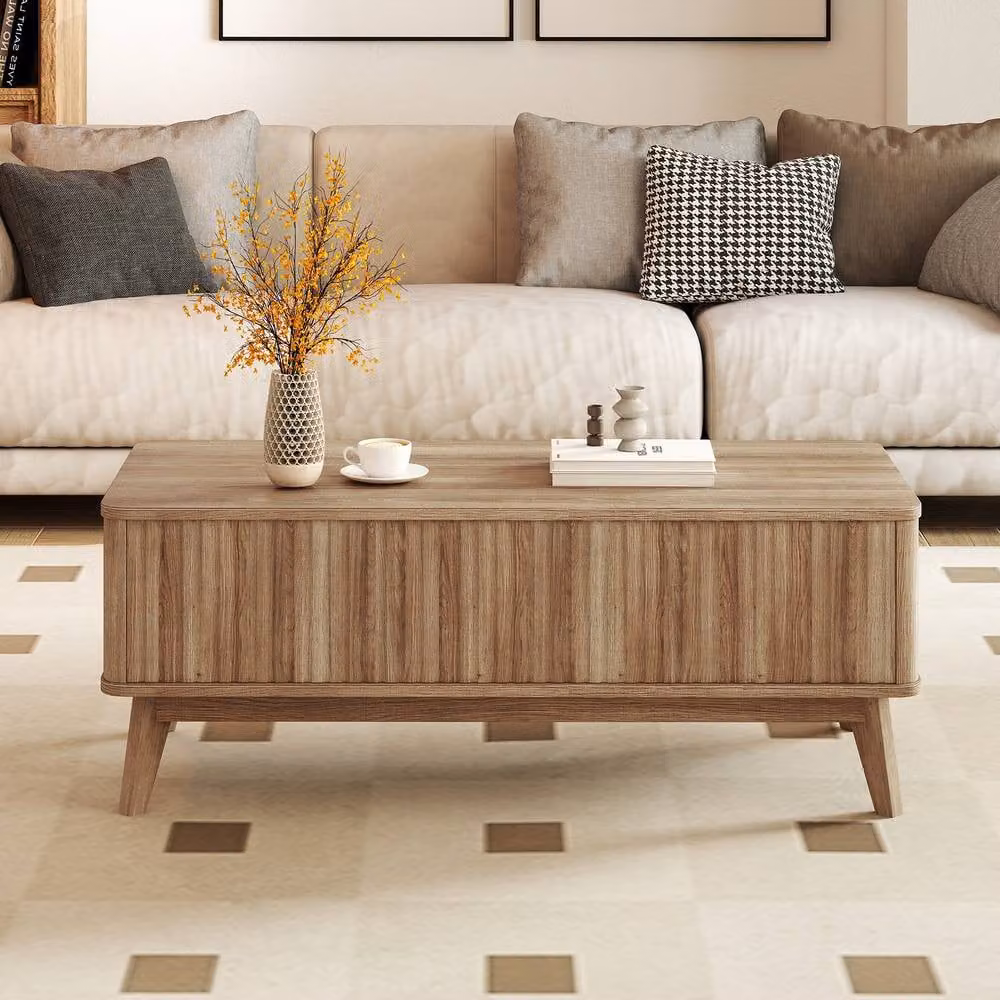 Costway Fluted Lift Top Coffee Table in Light Brown, Rectangular Rubberwood Center Table – 3