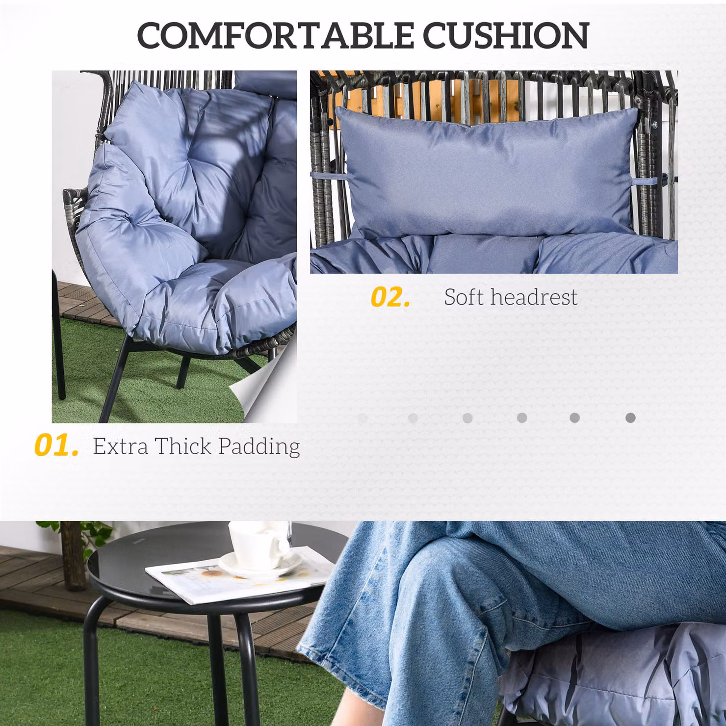 Outsunny PE Rattan Garden Egg Lounge Chair with 15 cm Foam Seat Cushion and Powder Coated Steel Frame in Mixed Grey – 4