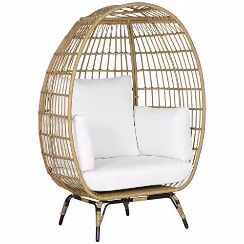 Outsunny Round PE Rattan Outdoor Egg Chair with Padded Cushions, Beige