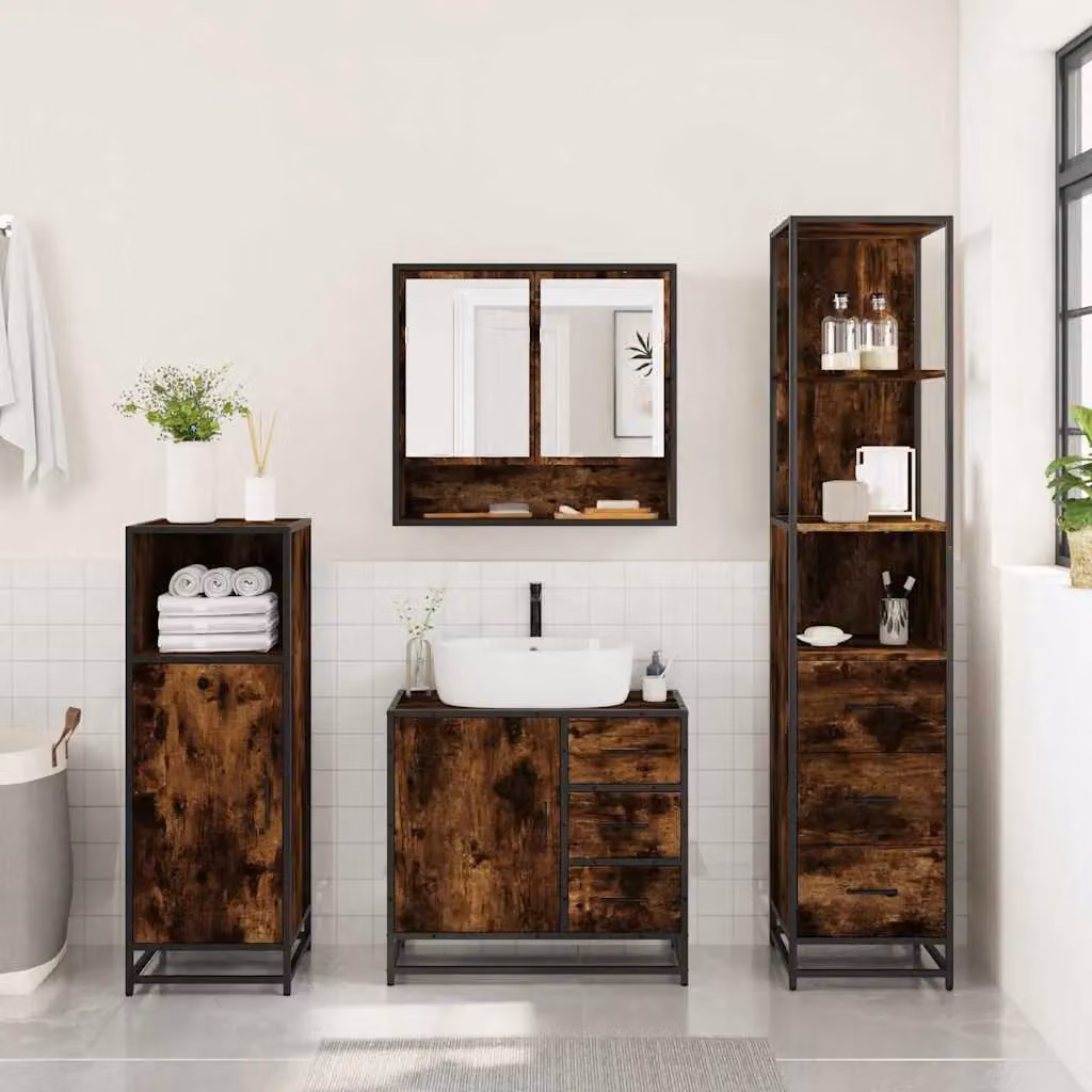 Berkfield Home 3 Piece Industrial Bathroom Furniture Set in Brown Smoked Oak with Mirror Cabinet and Vanity Unit – 3