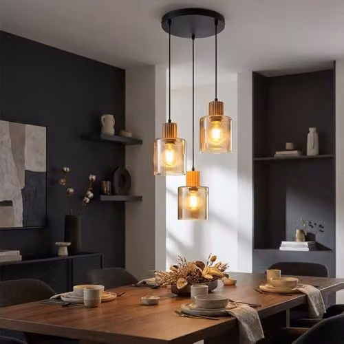 Globo Lighting Suspended Dining Room Pendant Light in Black and Brown with Smoke Glass Shades, 3x E27, Height Adjustable – 3