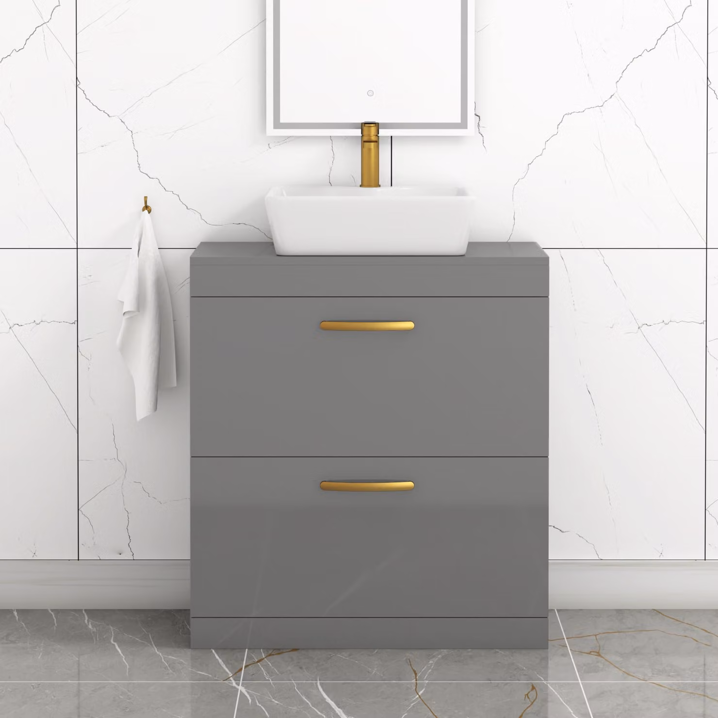 Royal Bathrooms Cube 800mm Floor Standing 2 Drawer Vanity Unit in Indigo Grey Gloss with Countertop Basin and Brushed Brass Handles