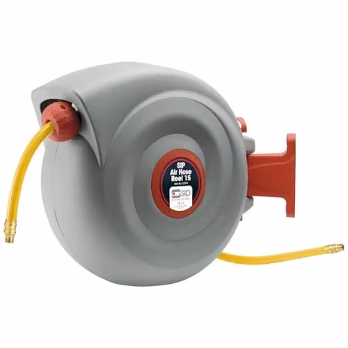 SIP 15m Retractable Air Hose Reel, 300psi Wall Mounted Compressor Hose with Coupler and Bracket, Yellow and Grey – 1